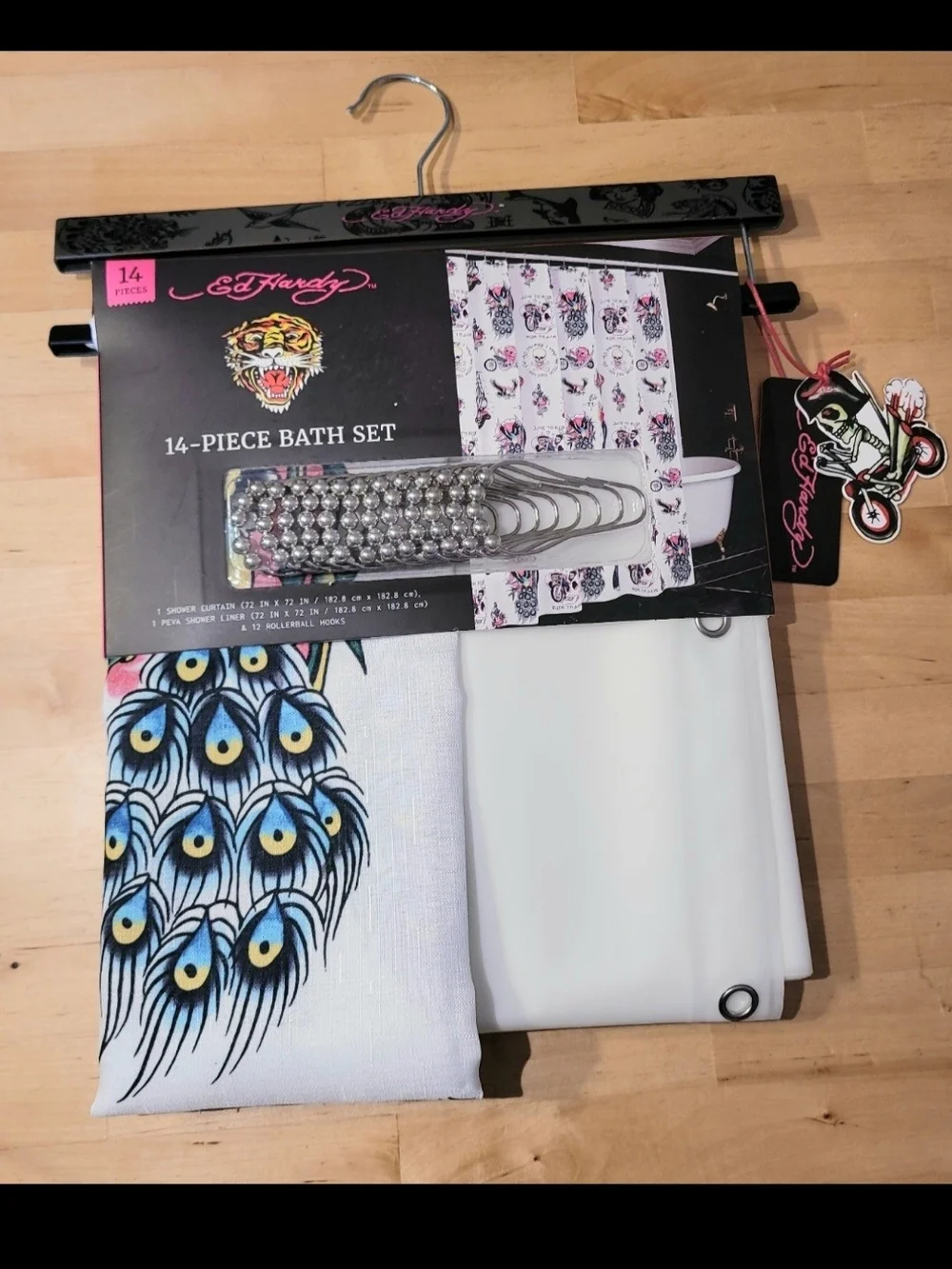 Ed Hardy Black Bath Set with Multicolor Print and Silver Hooks